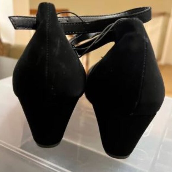 Velvet-Like, "Me Too" Black Wedge Heels with Ankle Strap - Picture 6 of 6